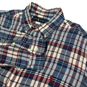 Ralph Lauren Linen Button Down Shirt Mens XL Red White Blue Plaid Long Sleeve